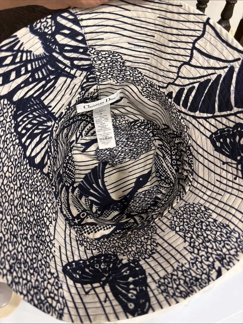 Christian Dior Toile de Jouy Bucket Hat Navy Ivory Cotton Size 58 NEW